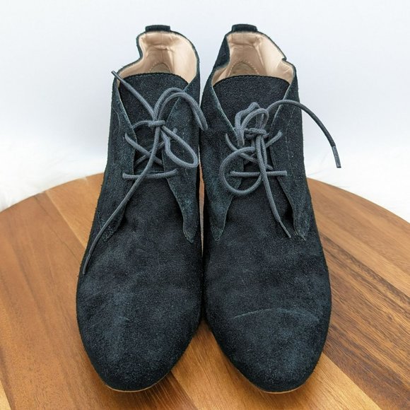 French Connection Dinah Ankle Booties 10 41 Black Suede Lace Up Block Heel Goth - Picture 4 of 13